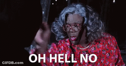 A Woman In A Wig And Glasses Is Saying `` Oh Hell No '' While Holding A Bag . GIF