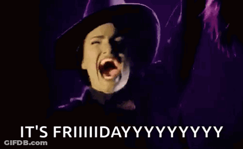 A Woman In A Witch Costume Is Screaming With Her Mouth Open And The Words `` It 'S Friday '' Behind Her . GIF