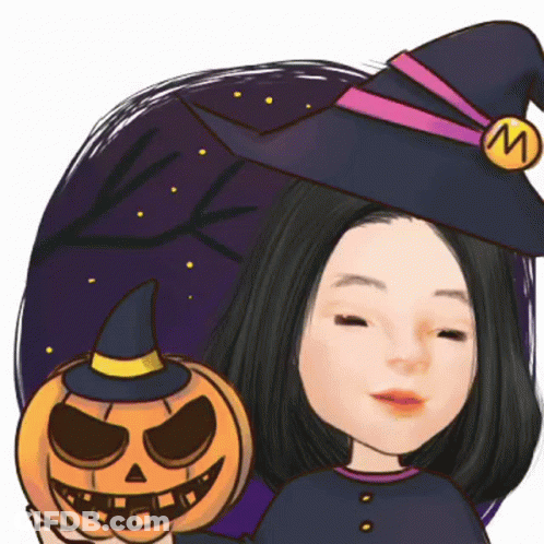 A Woman In A Witch Hat Holds A Pumpkin GIF