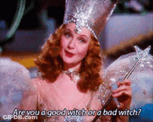 A Woman In A Wizard Of Oz Costume Is Holding A Magic Wand And Asking If She Is A Good Witch GIF