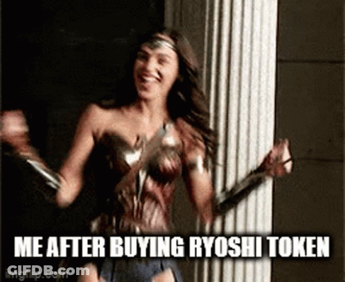 A Woman In A Wonder Woman Costume Is Dancing With The Words Me After Buying Ryoshi Token Below Her GIF