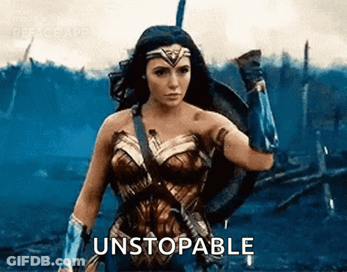 A Woman In A Wonder Woman Costume Is Holding A Shield And A Sword And Says `` Unstoppable '' . GIF