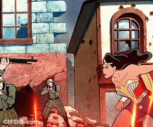 A Woman In A Wonder Woman Costume Stands In Front Of Two Soldiers With Guns GIF