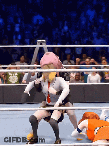 A Woman In A Wrestling Ring With A Ladder In The Background That Says ' Wwe ' On It GIF