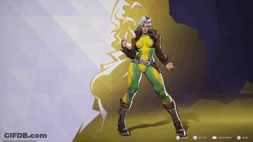 A Woman In A Yellow And Green Outfit Is Standing In Front Of A Yellow Background GIF