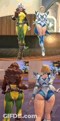 A Woman In A Yellow And Green Outfit Is Standing Next To A Woman In A Blue And White Outfit . GIF