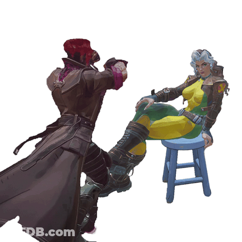 A Woman In A Yellow And Green Outfit Sits On A Blue Stool Next To A Man GIF