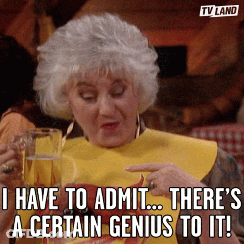 A Woman In A Yellow Bib Says " I Have To Admit There 'S A Certain Genius To It! " GIF