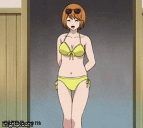 A Woman In A Yellow Bikini And Sunglasses Stands In A Doorway . GIF