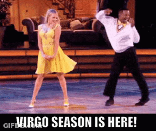 A Woman In A Yellow Dress And A Man In A White Shirt Are Dancing On A Stage With The Words Virgo Season Is Here GIF