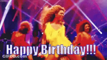 A Woman In A Yellow Dress Is Dancing On A Stage With The Words `` Happy Birthday '' Written On The Bottom . GIF