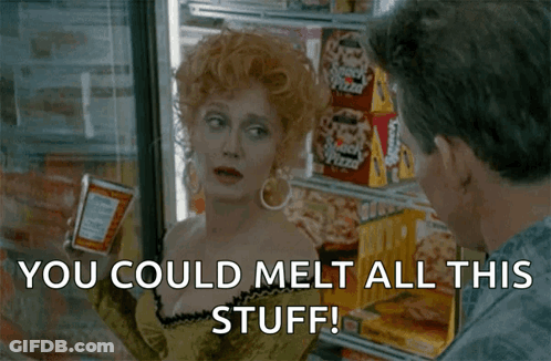 A Woman In A Yellow Dress Is Holding A Can Of Sauce And A Man Says You Could Melt All This Stuff .. GIF