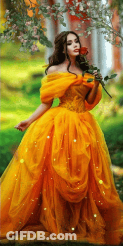 A Woman In A Yellow Dress Is Holding A Red Rose In Her Hand GIF