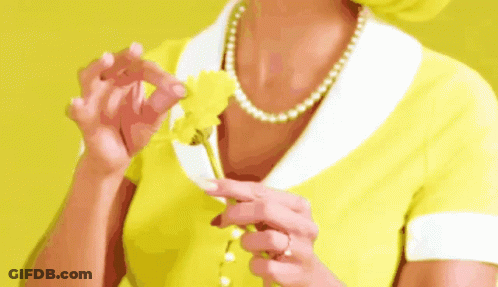 A Woman In A Yellow Dress Is Holding A Yellow Flower . GIF