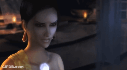 A Woman In A Yellow Dress Is Looking At Something In The Dark GIF