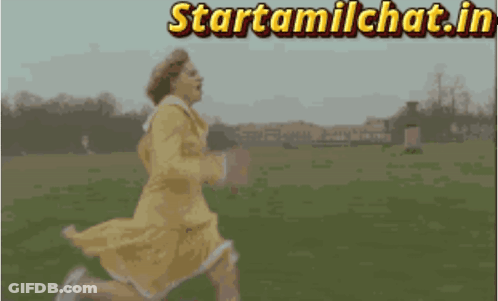 A Woman In A Yellow Dress Is Running In A Field With The Words Starttamilchat.in Written Above Her GIF