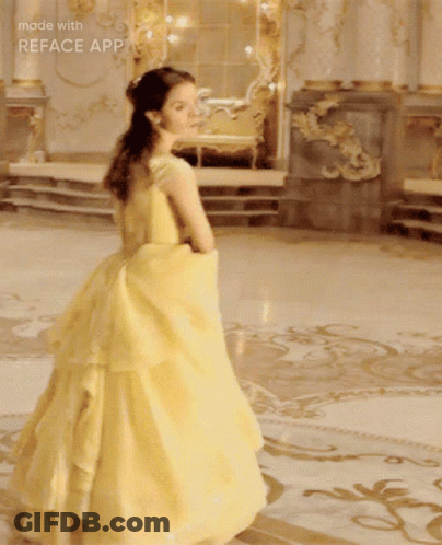 A Woman In A Yellow Dress Is Standing In A Room With The Words Made With Reface App On The Bottom GIF