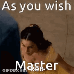 A Woman In A Yellow Dress Is Standing Next To A Man In A Blue Shirt And Says `` As You Wish Master Rob '' . GIF