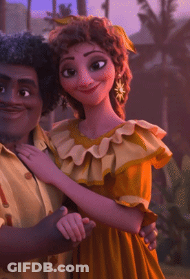 A Woman In A Yellow Dress Is Standing Next To A Man In A Yellow Shirt GIF