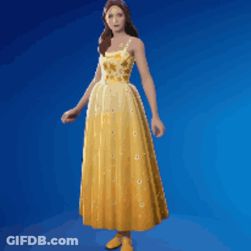 A Woman In A Yellow Dress Is Standing On A Blue Surface . GIF