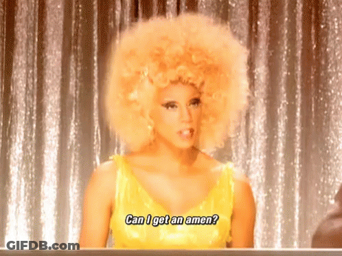 A Woman In A Yellow Dress With A Large Afro Says Can I Get An Amen GIF