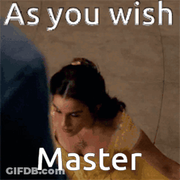 A Woman In A Yellow Dress With The Words " As You Wish Master " On The Bottom GIF