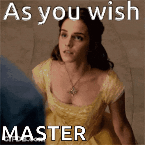 A Woman In A Yellow Dress With The Words As You Wish Master GIF