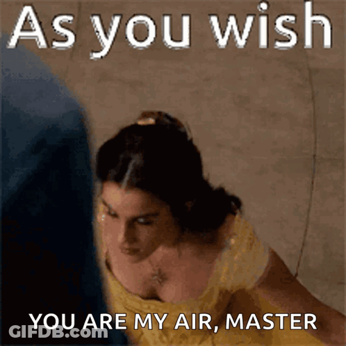 A Woman In A Yellow Dress With The Words As You Wish You Are My Air Master Below Her GIF