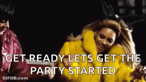 A Woman In A Yellow Fur Coat Is Dancing And Says `` Get Ready Lets Get The Party Started '' GIF