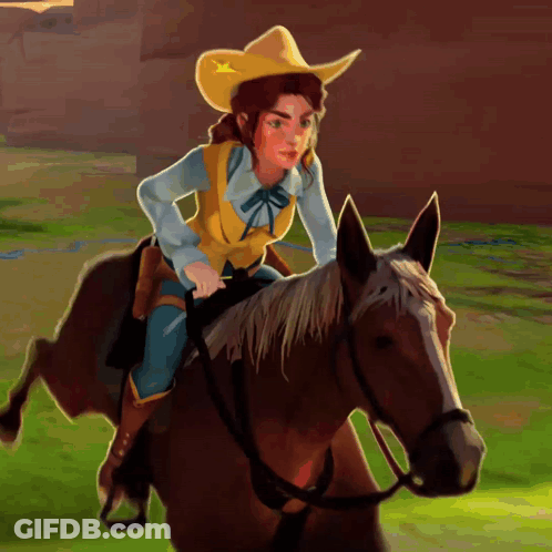 A Woman In A Yellow Hat Is Riding A Brown Horse GIF