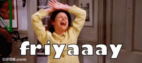 A Woman In A Yellow Jacket Is Laughing With Her Arms In The Air And The Words Friaaay Written On The Bottom . GIF