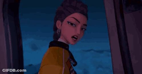 A Woman In A Yellow Jacket Is Standing In Front Of A Sign That Says Done GIF
