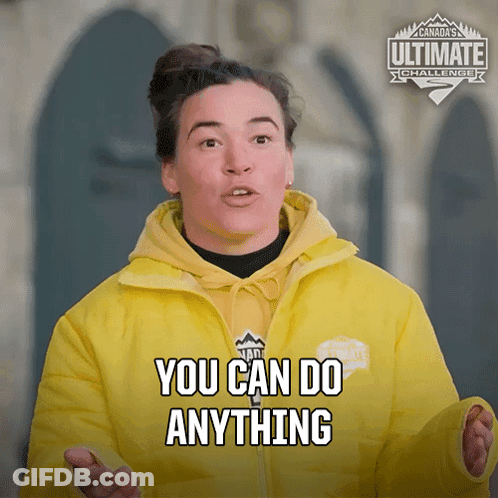 A Woman In A Yellow Jacket With The Words You Can Do Anything On It GIF