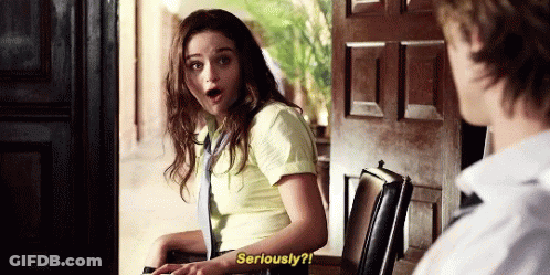A Woman In A Yellow Shirt And Tie Is Talking To A Man . GIF