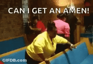 A Woman In A Yellow Shirt Is Dancing In A Church With The Words Can I Get An Amen Above Her GIF