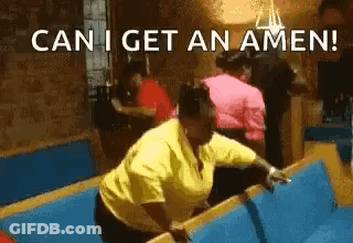 A Woman In A Yellow Shirt Is Jumping Over A Pool Table With The Words `` Can I Get An Amen '' . GIF