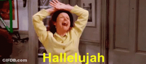 A Woman In A Yellow Shirt Is Laughing With Her Hands In The Air And The Words Hallelujah Written In Yellow . GIF