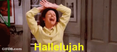 A Woman In A Yellow Shirt Is Laughing With Her Hands In The Air And The Words Hallelujah Written On The Bottom . GIF