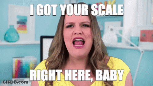 A Woman In A Yellow Shirt Is Screaming With The Words I Got Your Scale Right Here Baby Above Her GIF