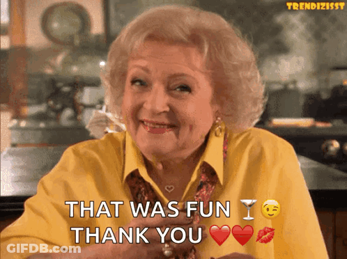 A Woman In A Yellow Shirt Says That Was Fun And Thank You GIF
