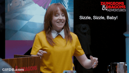 A Woman In A Yellow Shirt Stands In Front Of A Sign That Says Dungeons & Dragons GIF