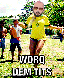 A Woman In A Yellow Shirt With The Number 9 On It Is Dancing In A Field GIF