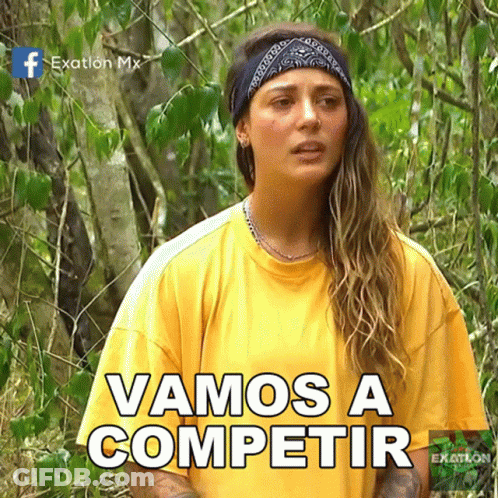 A Woman In A Yellow Shirt With The Words Vamos A Competir Written On It GIF