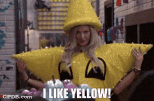 A Woman In A Yellow Starfish Costume Is Saying I Like Yellow GIF