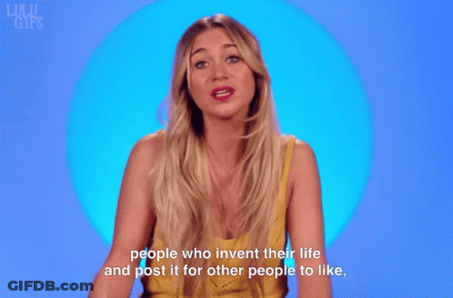 A Woman In A Yellow Tank Top Is Talking About People Who Invent Their Life And Post It For Other People To Like GIF