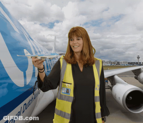 A Woman In A Yellow Vest Is Standing In Front Of A Royal Dutch Airlines Plane GIF