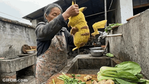 A Woman In An Apron Is Holding A Yellow Animal Over A Cutting Board GIF