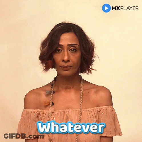 A Woman In An Off The Shoulder Top With The Word Whatever On It GIF