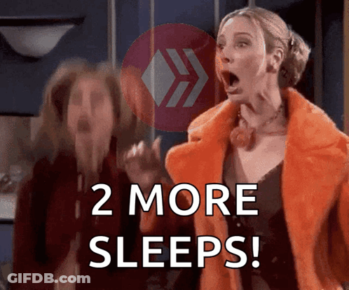 A Woman In An Orange Coat Is Screaming With The Words " 2 More Sleeps " Below Her GIF