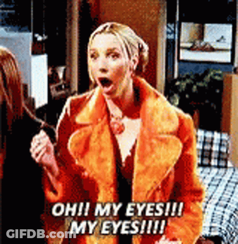 A Woman In An Orange Fur Coat Is Saying Oh ! My Eyes ! My Eyes !!! GIF